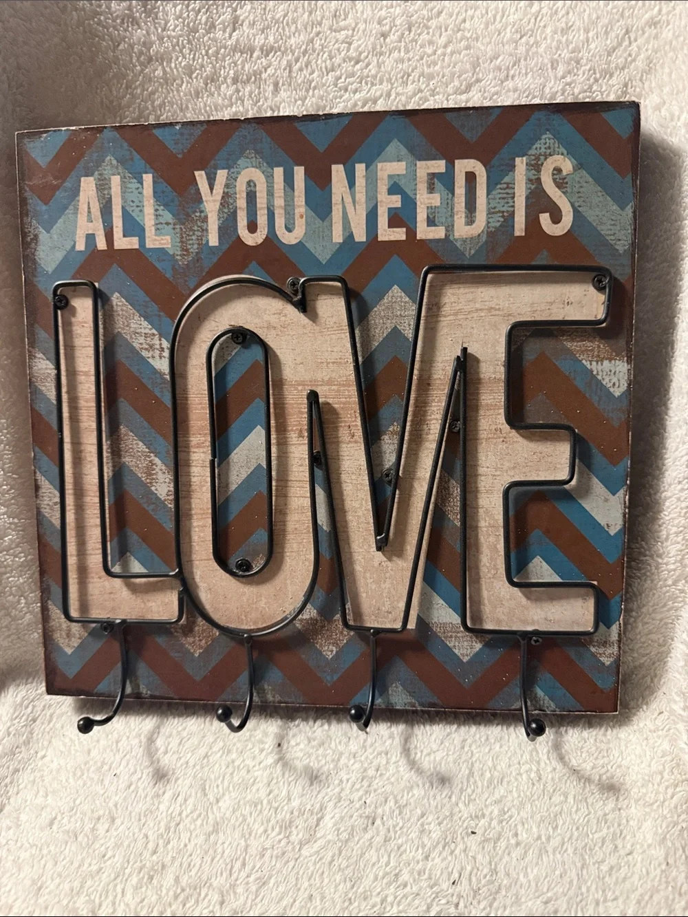 All You Need Is Love Rustic Wall Hook Sign - Brown & Blue